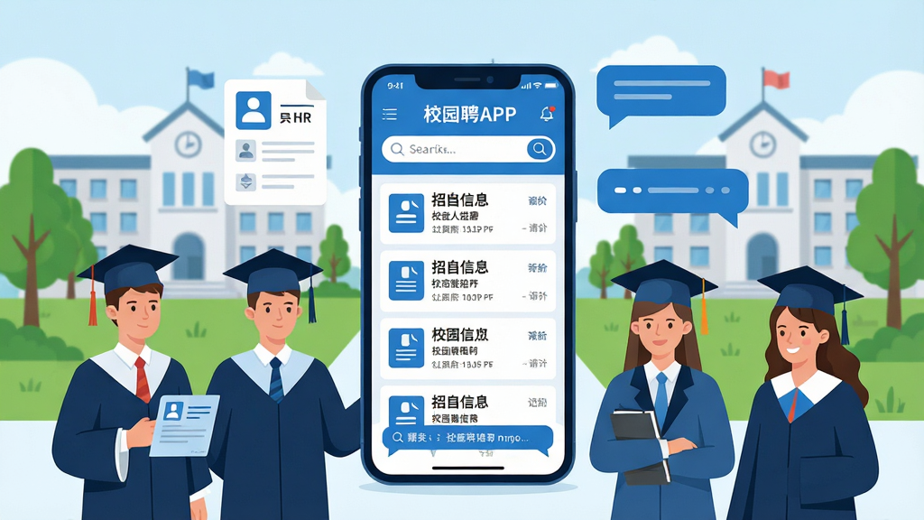 һ��չʾУ԰��Ƹ�����Ĳ廭������������һ�������ֻ����ֻ���Ļ����ʾ��У԰ƸAPP����ҳ���棬����Ƹ��Ϣ�б����������ֻ���Χ�����Ŵ���ѧʿ���Ĵ�ѧ������ҵHR������ͼ�������Ի��򣬱����Ǵ�ѧУ԰��ѧ¥��������������������������ƽ����ƣ�ɫ������ɫ�Ͱ�ɫΪ����ϸ�ڷḻ�������������ɾ����࣬�޶���Ԫ��