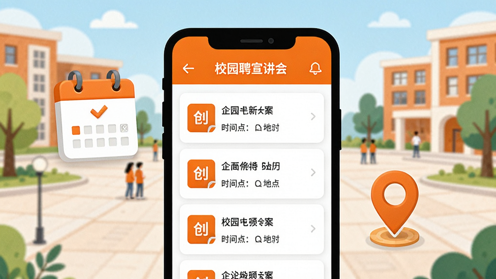 һ��չʾУ԰ƸAPP��������Ѷ����Ĳ廭���������ֻ���Ļ��ʾ���������б�������ҵ���ơ�ʱ��͵ص㣬�ֻ��Ա��������Ͷ�λͼ�꣬�����Ǵ�ѧУ԰�㳡�����������죬ɫ���Գ�ɫ�Ͱ�ɫΪ����ϸ�ڷḻ�������������ɾ����࣬�޶���Ԫ��