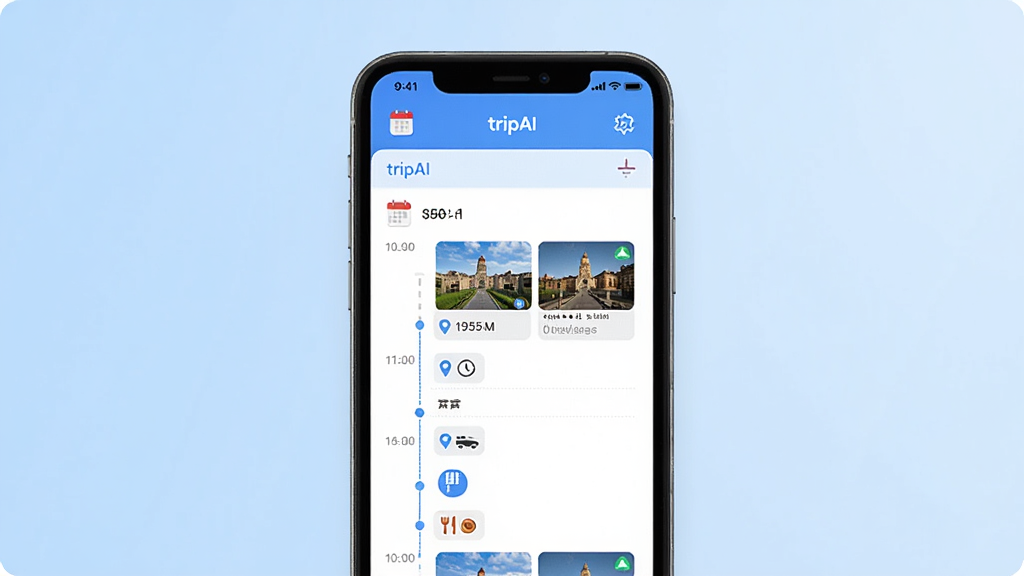 ����ΪtripAIӦ�ý���չʾAI�г̹滮���ܣ���Ļ����ʾһ����ϸ���ճ̱�������ʱ���ᡢ��������ͼ����ͨ��ʽͼ�꣬����Ϊ�ֻ���Ļ����չʾ�����Ϊ��ˬUI��Ʒ��ϸ�ڰ�������ͼ�ꡢ��ͼ��λ�롢ʱ�ӡ���ʳͼ���Ԫ�أ����ʸ��壬�ɾ����࣬�޶���װ�Σ�����Ϊǳ��ɫ���䡣
