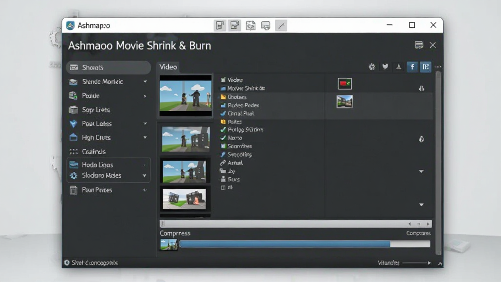 һ��չʾ Ashampoo Movie Shrink & Burn �����������ͼƬ�������������������ڣ�����ǹ��ܵ��������Ҳ�����Ƶ�ļ��б���ѹ���������������Ǹɾ���ǳ��ɫ���棬���������ϸ�����������ʸ��壬�޶���Ԫ��