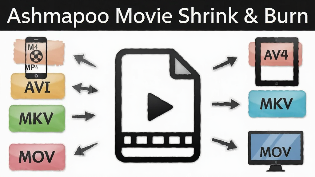 һ��չʾ Ashampoo Movie Shrink & Burn ���ʽת�����ܵ�ͼƬ������������һ����Ƶ�ļ�ͼ�꣬��Χ������MP4��AVI��MKV��MOV�ȸ�ʽ��ǩ����ͷָ��ͬ�豸ͼ�����ֻ���ƽ�塢���ԣ�����������������ʽ�����ڻ��涥������������ˣ����ʸ��壬�ɾ��޶���Ԫ��
