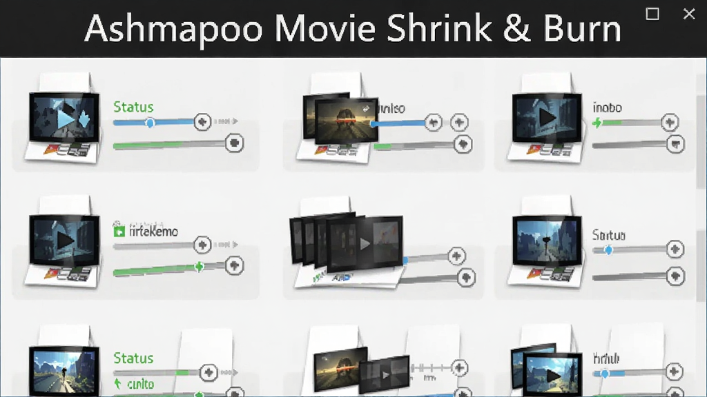 һ��չʾ Ashampoo Movie Shrink & Burn �����������ܵ�ͼƬ�������ж����Ƶ�ļ�ͼ�����гɶ��У�ÿ���ļ��Ա��н�������״̬��ʶ������������������ʽ�����ڻ��涥��������������򣬻��ʸ��壬�ɾ��޶���Ԫ��