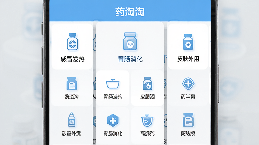 ������ҩ����Ӧ�õ�ҩƷ����ҳ�棬ҳ����������ʽչʾ��ð���ȡ�θ��������Ƥ�����õȷ�����ڣ�����Ϊ�ֻ���Ļ����չʾ�����Ϊ����ҽ��������ɫ��ϸ����ÿ���������м��ͼ������ı�ǩ�����ʸ��壬�ɾ����޶���Ԫ��
