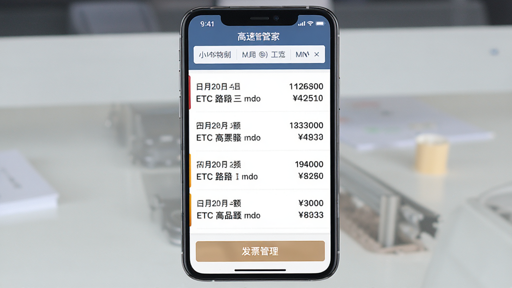 �ֻ���Ļ��ʾETC���ٹܼ��˵���ѯ���棬�б�չʾ��������ͨ�м�¼��ÿ����¼�������ڡ�·�Ρ����������·�ɸѡ��ť���ײ��з�Ʊ������ڣ��������࣬��������Լ�����ʸ��壬�ɾ��޶���Ԫ��