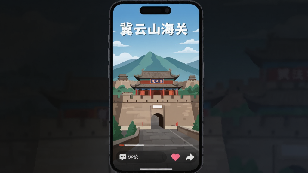 һ�������ֻ���Ļ�廭����Ļ��չʾ����Ƶ���Ž��棬��������ɽ���عųǷ羰���ײ������ۺ͵���ͼ�꣬��Ļ�Ϸ���ע������ɽ���ء�����������Ϊ��ɫ���䣬���Ϊ��ƽ����ƣ�ϸ�ڸɾ��������������޶���Ԫ�ء�