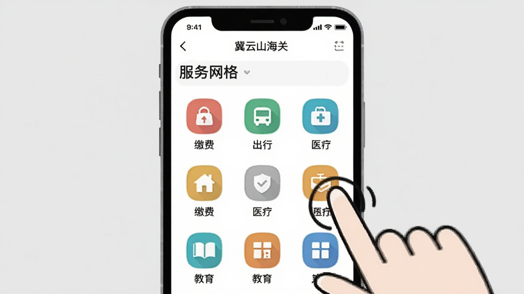 һ���ֻ�����ʾ��ͼ����Ļ����ʾ������ɽ���ء�Ӧ���ڵķ������񣬰����ɷѡ����С�ҽ�ơ������Ȳ�ɫͼ�꣬�ֻ�������ָ����ļ�ʶ���������Ϊǳ��ɫ�����Ϊ�ִ�UI�廭���Ű����룬�����������޶���װ�Ρ�