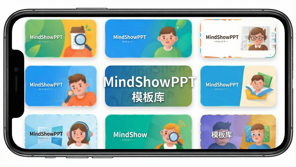 ����Ϊ�ֻ���ĻչʾMindShowPPTģ��ѡ����棬��Ļ�г��ֶ����ͬ������ʾ�ĸ�ģ������ͼ������Ϊ�ֻ����У�ģ������ͼ������״��������Ļ�ڣ��Ű�������ľ۽�ʽ�����Ϊ���¼�Լ�磬ϸ�ڰ���������ɫ�ʡ�Բ�ǿ�Ƭ�������ġ�MindShowPPT��ˮӡ�롰ģ��⡱���֣����ʸ��壬����ɾ����޶���Ԫ��