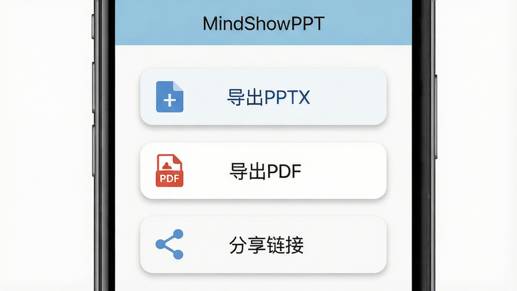 ����Ϊ�ֻ���Ļ��ʾMindShowPPT�������棬��Ļ�г��֡�����PPTX��������PDF�����������ӡ�������ť������Ϊ�ֻ����У���ť�������У��Ű���ü���б�ʽ�����Ϊ��ƽ��UI�磬ϸ�ڰ���������ͼ�ꡢ��͵���Ӱ����Ļ������MindShowPPT�����⣬���ʸ��壬����ɾ����޶���Ԫ��