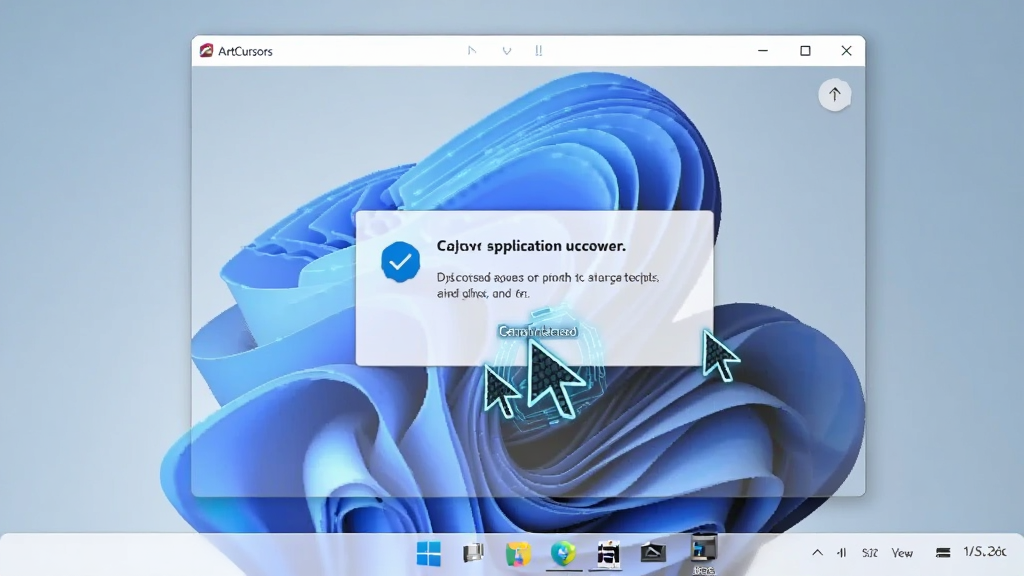 ArtCursors������Windows 11ϵͳ������ʱ�Ľ����ͼ������չʾ���������ں�ϵͳ����ͬʱ�ɼ������������ָ���Ѿ������һ����ɫ�ĿƼ��м�ͷ��������������ʾ����Ӧ�óɹ�����ʾ��Ϣ�����廭���������������ʸ���