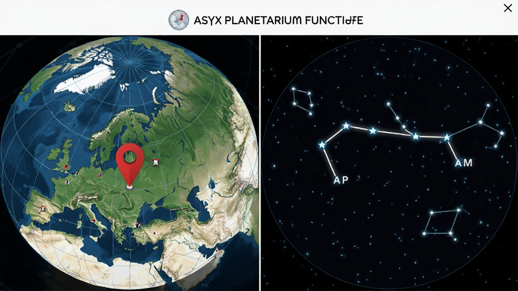 һ�� Asynx Planetarium �����Ĺ���չʾͼ�������Ϊ���������֡�����ǵ���ľ�γ������һ����ɫ�Ķ�λ���������ĳ�������ϣ��Ҳ�����֮��Ӧ���ǿ���ͼ���������Ǳ�������ʾ�����������ӣ��Ա߱�ע���������ơ�ͼƬ���Ϊ��Ϣͼ���磬�������������ʸɾ����޶���Ԫ�ء�