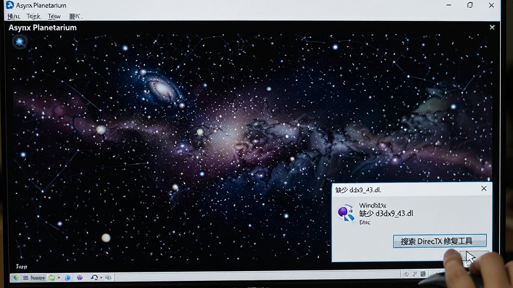 һ�ŵ�����Ļ����д��Ƭ�������� Asynx Planetarium �����������У���ʾ���貵��ǿա���Ļ���½ǵ���һ�� Windows ϵͳ��ʾ��д�š�ȱ�� d3dx9_43.dll����һֻ����������꣬׼�������Ļ�ϵġ����� DirectX �޸����ߡ���ť��ͼƬ���дʵ�������������ɾ����޶���Ԫ�ء�