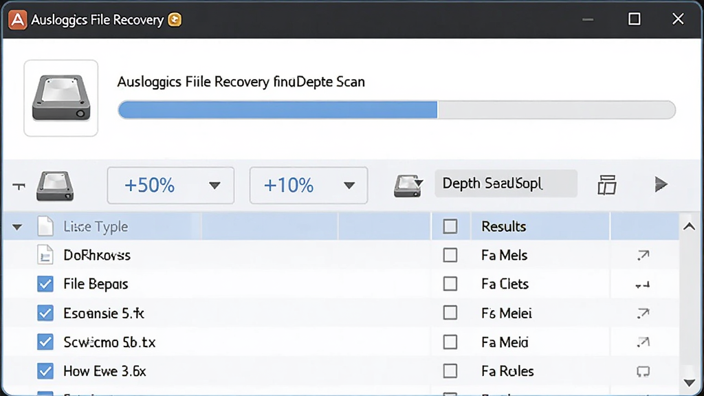 һ��չʾ Auslogics File Recovery ���ɨ�蹦�ܵ�ͼƬ�������������������������е����ɨ����������ļ��б�������Ϊ�Ϸ�������ʾ���·������ͷ�����ļ�������Ű����룬���Ϊ�������ϸ�ڰ�������ͼ�ꡢ�ٷֱ����֡��ɹ�ѡ�ļ���Ŀ����������������ɾ����޶���Ԫ��
