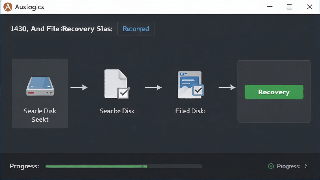 һ��չʾ Auslogics File Recovery �ָ��������̵�ͼƬ�����������������д�ѡ����̵���ѡ�ļ��ٵ�����ָ���ť����������ʾ�⣬����Ϊ��������ͼ��ʽ���Ű����������Ϊ��ƽ���̷̳磬ϸ�ڰ�������ͼ�ꡢ�ļ���ѡ�򡢻ָ���ť��������ʾ�����ʸ��塢����ɾ����޶���Ԫ��