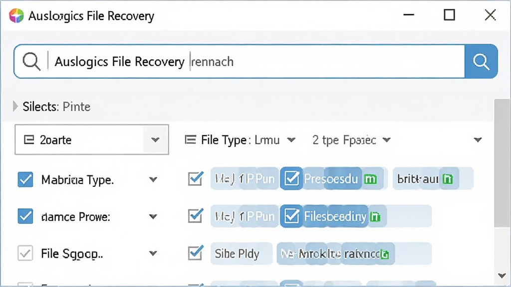 һ��չʾ Auslogics File Recovery ����ɸѡ���ܵ�ͼƬ���������������涥������������ɸѡ������壬����Ϊ�Ϸ����������·���������ѡ�����Ű���գ����Ϊ��ˬǳɫ��ϸ�ڰ����Ŵ�ͼ�ꡢ����ѡ�������ļ����ͱ�ǩ�����ʸ��塢����ɾ����޶���Ԫ��