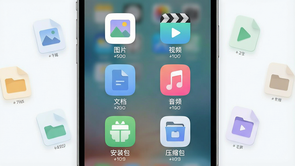 ����ΪFF�ļ�����������ܷ�����棬��������չʾ�ֻ���Ļ����Ļ����������ʽ�����š�ͼƬ������Ƶ�����ĵ�������Ƶ������װ������ѹ�������ȷ���ͼ�꣬ÿ��ͼ���·��ж�Ӧ�ļ�����������Ϊ�ֻ���Ļ���У���Χ����������Ư�����ļ�ͼ����Ϊװ�Ρ��Ű��Ϸ���ͼ���������У������ȡ����Ϊ���¼�Լ�ĿƼ��У�ϸ�ڰ���ͼ�����Բ����ƣ�ɫ����͡����ʸ��壬�ɾ����޶���Ԫ�ء�