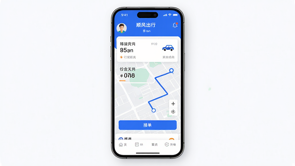 ����Ϊһ�������ֻ�չʾ˳����д򳵽ӵ����������棬����Ϊ�ֻ����аڷţ���Ļ����ʾ�����б����ͼ·�ߣ��Ű������������Ϊ�ִ��Ƽ��磬ϸ�ڰ�����ɫ����ɫ������ͷ�񡢽ӵ���ť���г̾�����۸���Ϣ�����ʸ��壬�ɾ����޶���Ԫ��