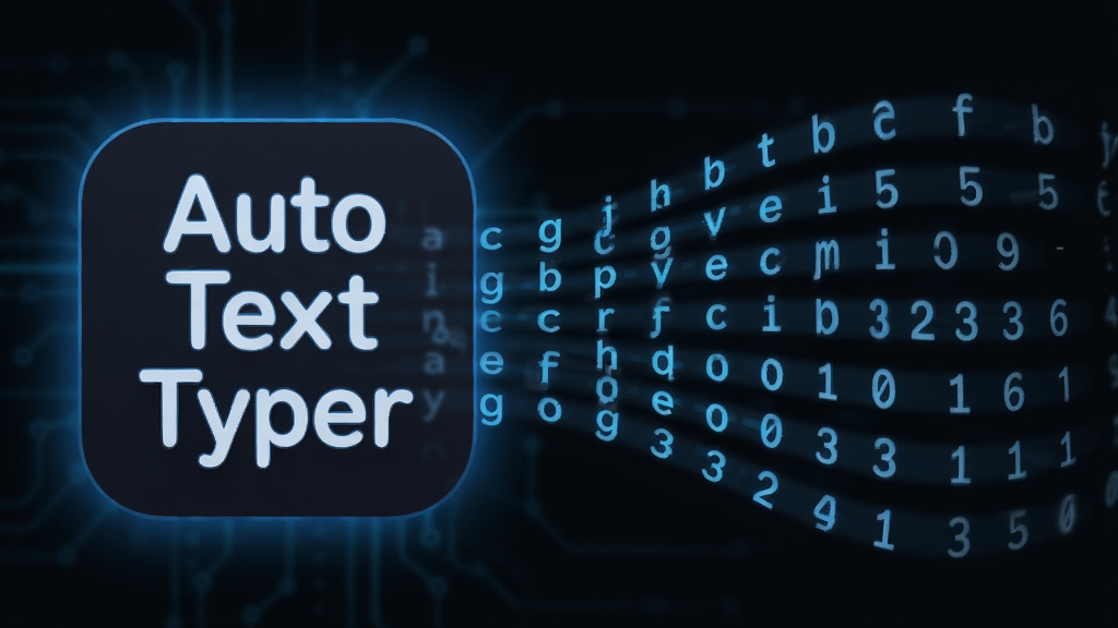 一张展示 Auto Text Typer 自动键入功能的示意图,主体为软件图标与文本流,布局为左侧软件图标,右侧为流动的字母和数字,排版为横向排列,风格为科技感简约风,细节包括蓝色光效、清晰的文字轮廓,画质高清,干净,无多余元素