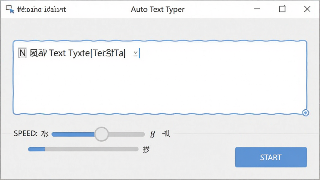 一张展示 Auto Text Typer 软件界面的预览图,主体为软件主窗口,布局清晰,上方是文本输入框,下方是速度调节滑块和开始按钮,排版简洁,风格为现代扁平化设计,细节包括浅色背景、蓝色按钮、灰色滑块,画质高清,干净,无多余元素