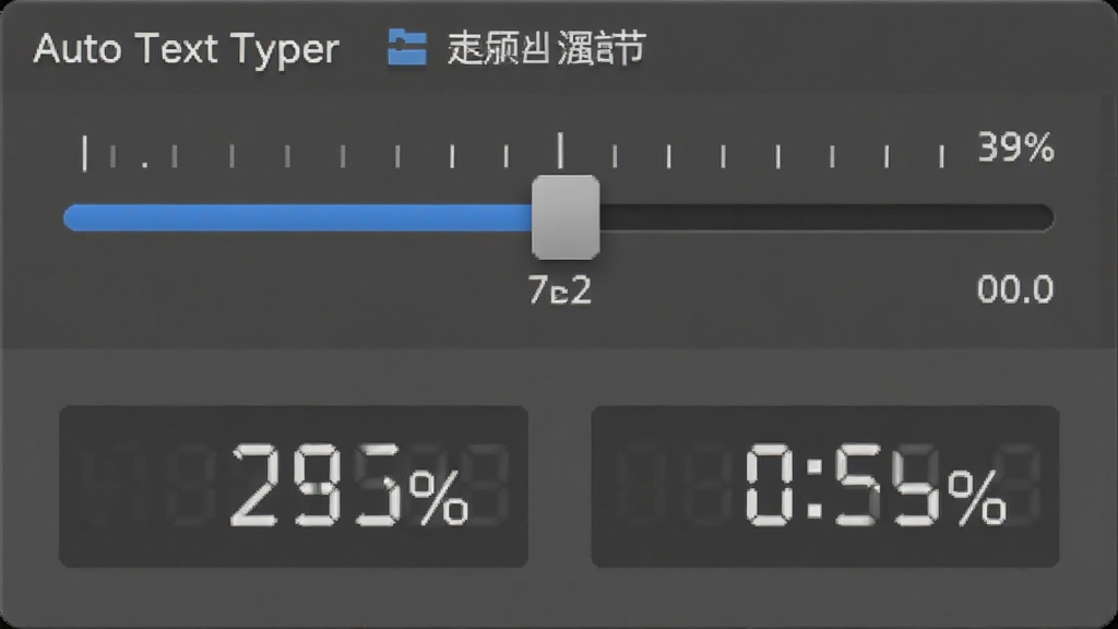 一张展示 Auto Text Typer 速度调节界面的图片,主体为调节滑块和数值显示区域,布局为上下结构,上方是滑块,下方是数值标签,排版简洁,风格为现代工具类界面,细节包括刻度线、百分比数字、灰色与蓝色配色,画质高清,干净,无多余元素