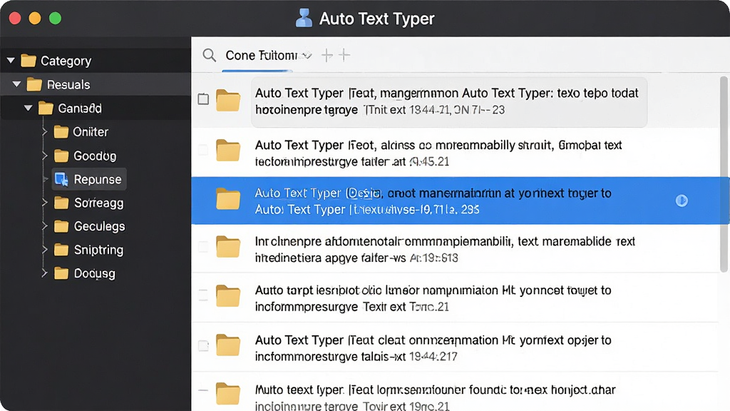 一张展示 Auto Text Typer 文本管理功能的图片,主体为列表式文本片段管理界面,布局为左侧分类树,右侧文本列表,排版整齐,风格为商务简约风,细节包括文件夹图标、文本预览、蓝色高亮选中项,画质高清,干净,无多余元素