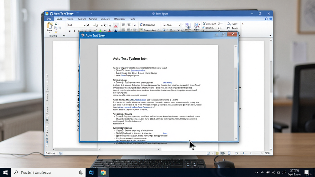 一张展示 Auto Text Typer 在 Windows 桌面环境下运行的场景图,主体为软件窗口悬浮在文档编辑器上方,布局为居中显示,排版为前后层叠,风格为真实办公场景,细节包括任务栏、文档内容、鼠标光标,画质高清,干净,无多余元素