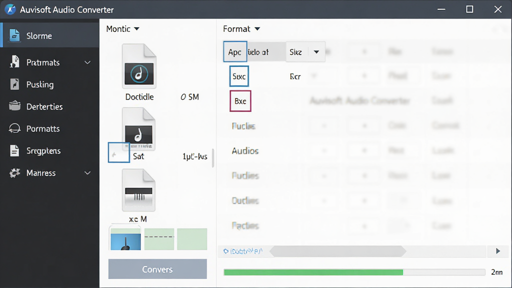 һ��չʾAuvisoft Audio Converter���������ͼƬ�����������������ڣ�����Ϊ��๦�ܵ��������Ҳ��ļ��б������Ű��������࣬���Ϊ�ִ���Լ�ĵ����������棬ϸ�ڰ�����Ƶ�ļ�ͼ�ꡢ��ʽ�����˵���ת����ť�ͽ����������ʸ��壬�ɾ����޶���Ԫ�ء�
