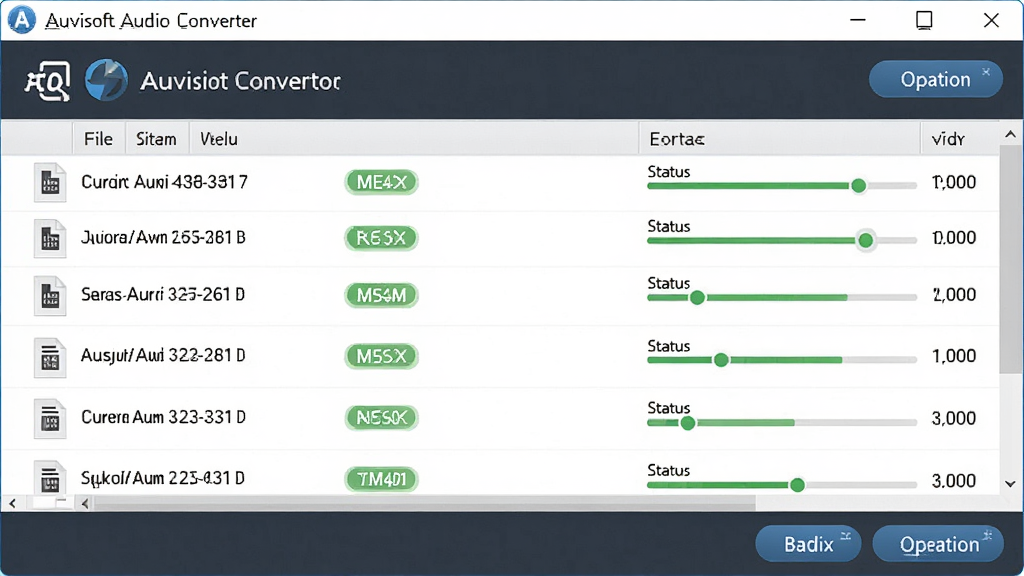 һ��չʾAuvisoft Audio Converter����ת�����ܵ�ͼƬ�������������ļ��б�������ʾ�����Ƶ�ļ������Ŷ�ת��������Ϊ�б�ʽ�Ű棬���Ϊ�������磬ϸ�ڰ����ļ�������ʽ��ǩ��״̬������������������ť�����ʸ��壬�ɾ����޶���Ԫ�ء�