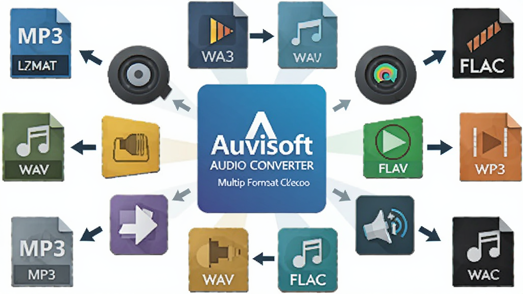 һ��չʾAuvisoft Audio Converter���ʽ�������Ե�ͼƬ�������Ƕ����Ƶ��ʽͼ�껷������Logo������Ϊ���ķ���״�Ű棬���Ϊ�Ƽ��б�ƽ����ƣ�ϸ�ڰ���MP3��WAV��FLAC�ȸ�ʽ��ʶ��ת����ͷ�����ʸ��壬�ɾ����޶���Ԫ�ء�