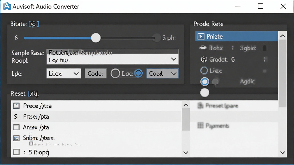 һ��չʾAuvisoft Audio Converter�������ڽ����ͼƬ������������������壬����Ϊ���½ṹ�Ĳ���ѡ�����򣬷��Ϊ��ˬ���Ĺ����������棬ϸ�ڰ��������ʻ��顢�����������˵�������ѡ��ť��Ԥ�跽���б������ʸ��壬�ɾ����޶���Ԫ�ء�