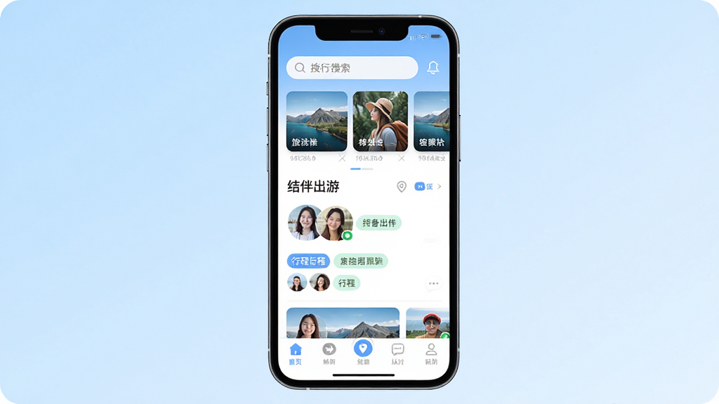 ����ȦAPP������չʾ�������������ֻ���Ļ����Ļ����ʾ�����罻Ӧ����ҳ����������������Ŀ�ĵ��Ƽ���Ƭ���в�չʾ�����ε��û�ͷ�����г̱�ǩ���ײ������������ɼ�������Ϊǳ��ɫ���䣬������¼�࣬ϸ�ڰ�����ͼ��λͼ������Ϣ���ݣ������������ɾ����޶���Ԫ��