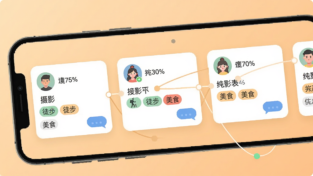 ����Ȧ��Ȥƥ�书�ܽ��棬����չʾ�ֻ���Ļ�ڶ���û���Ƭ�������У�ÿ����Ƭ����ͷ���ǳơ���Ȥ��ǩ�硰��Ӱ����ͽ��������ʳ������Ƭ֮���������߱�ʾƥ�䣬����Ϊ���ůɫ��������ִ���ƽ��ϸ�ڰ���ƥ��Ȱٷֱ����������ݣ������������ɾ����޶���Ԫ��
