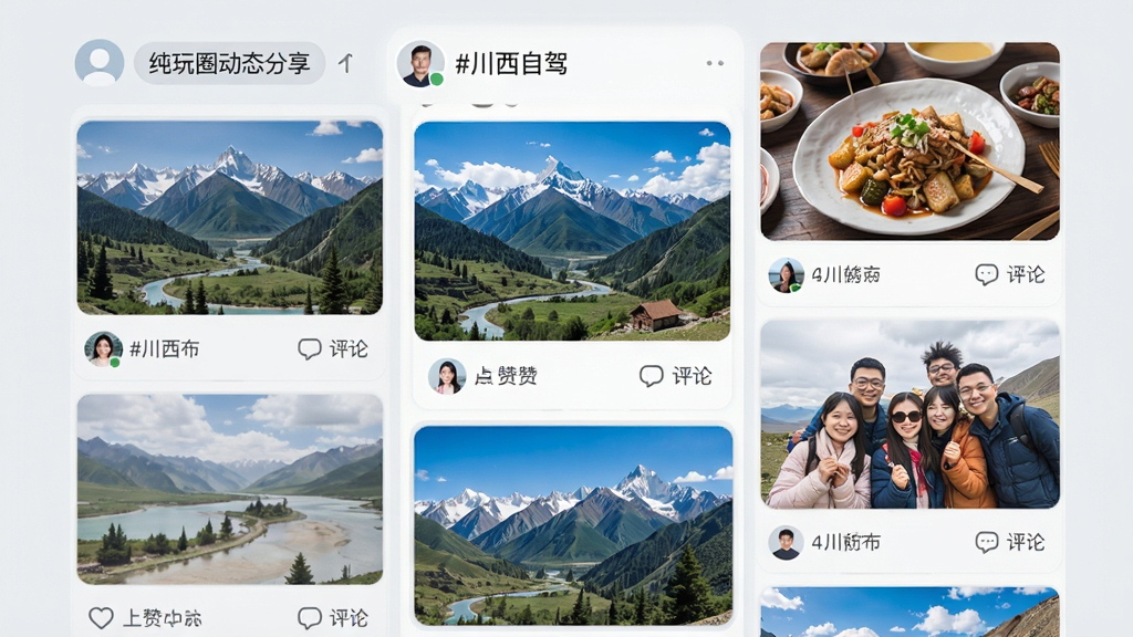 ����Ȧ��̬�������棬����չʾ�ֻ���Ļ���ٲ�����Ƭǽ����Ƭ����ɽˮ�羰����ʳ����Ӱ��ÿ����Ƭ�·��е���������ͼ�꣬�����л����ǩ��#�����Լݡ�������Ϊǳ��ɫ���������ǳɫ��ϸ�ڰ����û�ͷ����ʱ����������������ɾ����޶���Ԫ��