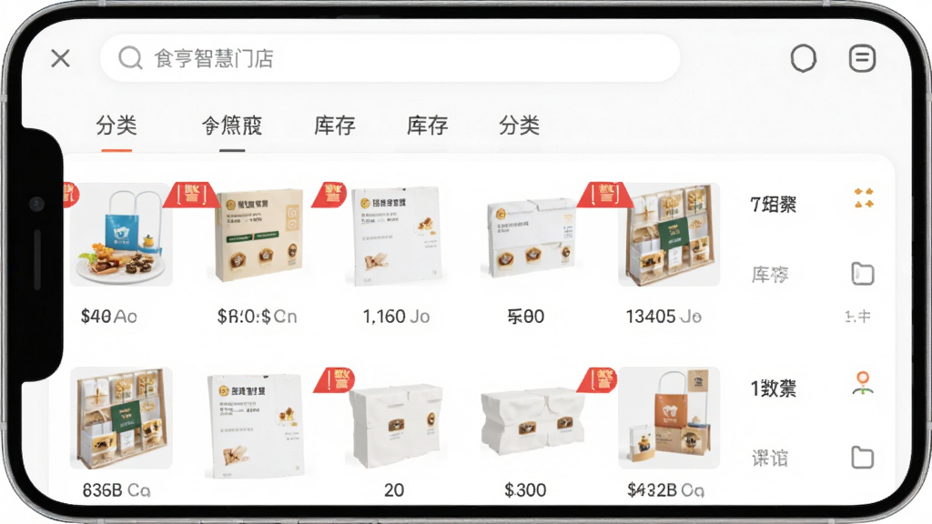 ʳ���ǻ��ŵ������ҳ�棬�ֻ���Ļ��ʾ��Ʒ�б�����������������Ʒ���к�ɫԤ����ʶ��ҳ�涥����������������ǩ������Ϊ�ɾ���ɫ��������¼�࣬ϸ�����������ʸɾ����޶���Ԫ�أ������пɳ��֡�ʳ���ǻ��ŵꡱ������