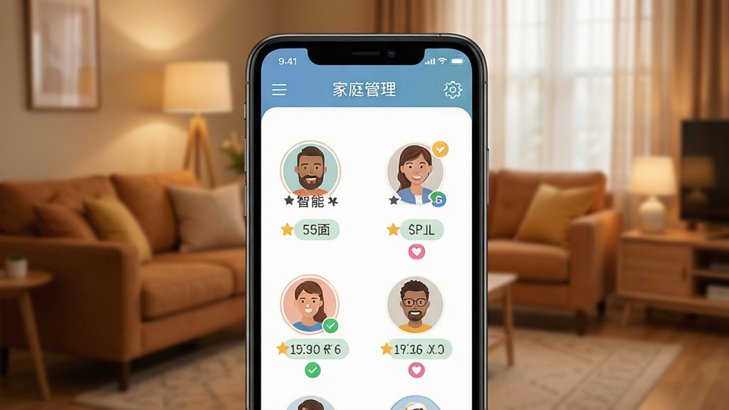 �ֻ���ĻչʾĦ������APP�ļ�ͥ��Ա����ҳ�棬�������ж���û�ͷ�����У�ÿ��ͷ������Ȩ�ޱ�ǩ������Ϊůɫ���Ҿӳ����������Ѻã�ͼ�����������ʸ��壬�ɾ��޶���Ԫ��