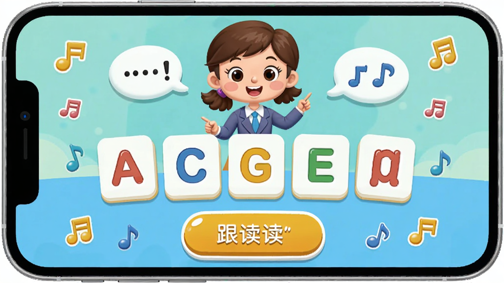 ����ӢѧȤζ�γ̽��棬����Ϊ�ֻ���Ļ��ʾ����Ӣ��΢�Σ�����Ϊ�Ϸ���ͨ��ʦ�����в���ĸ��Ƭ���·�������ť���Ű����ֲ㣬������ͯȤ��ϸ�ڰ���������Ի����ݣ����������ɾ����޶���Ԫ�ء�