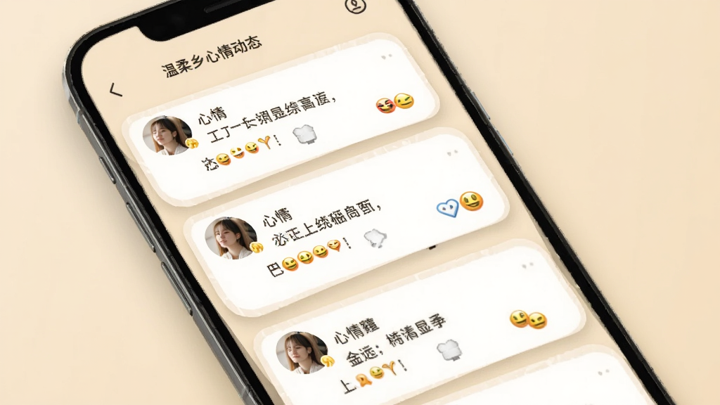 ���������鶯̬ҳ�棬�ֻ���Ļ��ʾ�ٲ������ֵ����鿨Ƭ��ÿ�ſ�Ƭ�����û�ͷ�����������ͱ�����ţ�����ɫΪ��ů���׻�ɫ��������¼�Լ��ϸ���Ͽ�Ƭ����΢��Ӱ�����ʸ��壬����ɾ�