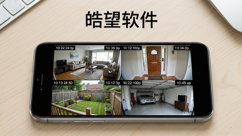 �������������չʾ������Ϊһ�������ֻ���Ļ����ʾ���ĸ���ػ������񲼾֣������зֱ���ֿ������ſڡ���Ժ�ͳ����ʵʱ��س���������Ϊ�ֻ����з�����ǳɫ���汳���ϣ��Ű�������½ṹ�Ϸ�Ϊ�������������·�Ϊ�ֻ����棬���Ϊ�ִ��Ƽ���дʵ���ϸ�ڰ����ֻ���Ե�Ľ���������Ļ�м�ػ���������ȡ���������ʱ�����ʾ������Ϊ����1080p�ɾ��޶���Ԫ��
