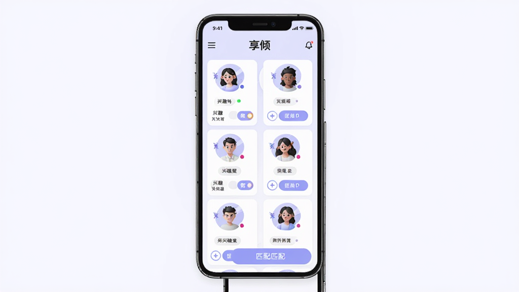 ����Ϊ�����㡱�罻ƥ��ҳ�棬����Ϊ�ֻ���Ļ���У���Ļ����ʾ����û�ͷ��Ƭ���Ű�����������У���Ƭ֮�����м�ࣻ���Ϊ�ִ���Լ�廭��ɫ����ǳ�ϺͰ�ɫΪ����ϸ�ڰ�����Ȥ��ǩ������״̬Բ�㡢ƥ�䰴ť�����ʸ��壬����ɾ����޶���Ԫ�ء�