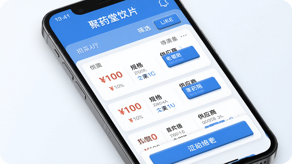 ����Ϊ��ҩ����ƬApp���вɴ������棬չʾ�����Ӧ�̱����б���ɸѡ��ť������Ϊ�ֻ���Ļ��д�������������Ű����룬��Ϣ�㼶���������Ϊ�ִ�����ҽ�Ʒ磬������ɫ��ϸ�����б�������۸񡢹��͹�Ӧ�����ƣ���ť����΢����У����ʸ��壬�ɾ����޶���Ԫ��