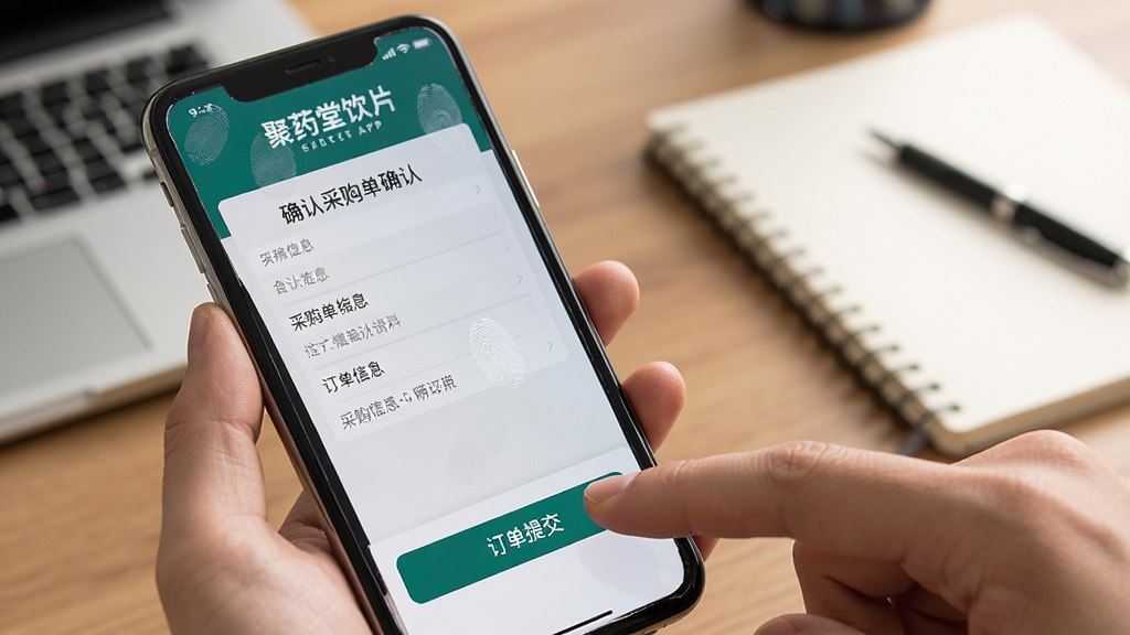 ����Ϊ��ҩ����ƬApp���ֻ��ϵĲ������棬չʾ�ɹ���ȷ��ҳ��Ͷ����ύ��ť������Ϊ�ֻ���Ļ������д����ָ���ڵ���ύ��ť���Ű�ͻ��ȷ����Ϣ���򣻷��Ϊ��ʵʹ�ó����磬����Ϊ�칫���棻ϸ������Ļ����΢ָ�ƺۼ��������бʼǱ��ͱʣ����ʸ��壬�ɾ����޶���Ԫ��