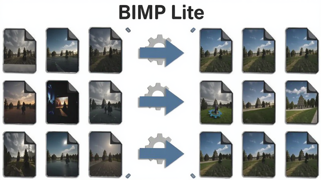 一张展示 BIMP Lite 批量处理功能的示意图,主体是多个图片文件图标排列成队列,布局为左侧原始图片缩略图阵列,右侧经过处理后的图片缩略图阵列,中间有箭头表示处理流程,排版对称,风格为扁平化信息图风格,细节包括图片缩略图、箭头、齿轮图标,画质高清,干净,无多余元素