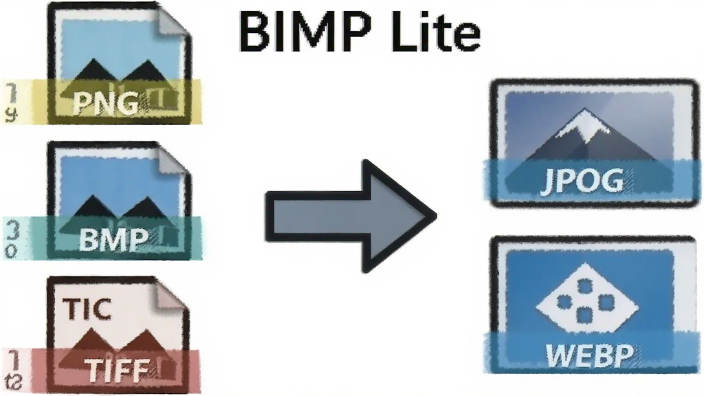 一张展示 BIMP Lite 格式转换功能的示意图,主体是不同格式的图片文件图标,布局为左侧 PNG、BMP、TIFF 图标,中间是转换箭头,右侧 JPG、WEBP 图标,排版横向排列,风格为简洁的图标设计风格,细节包括格式标签、箭头、文件图标,画质高清,干净,无多余元素