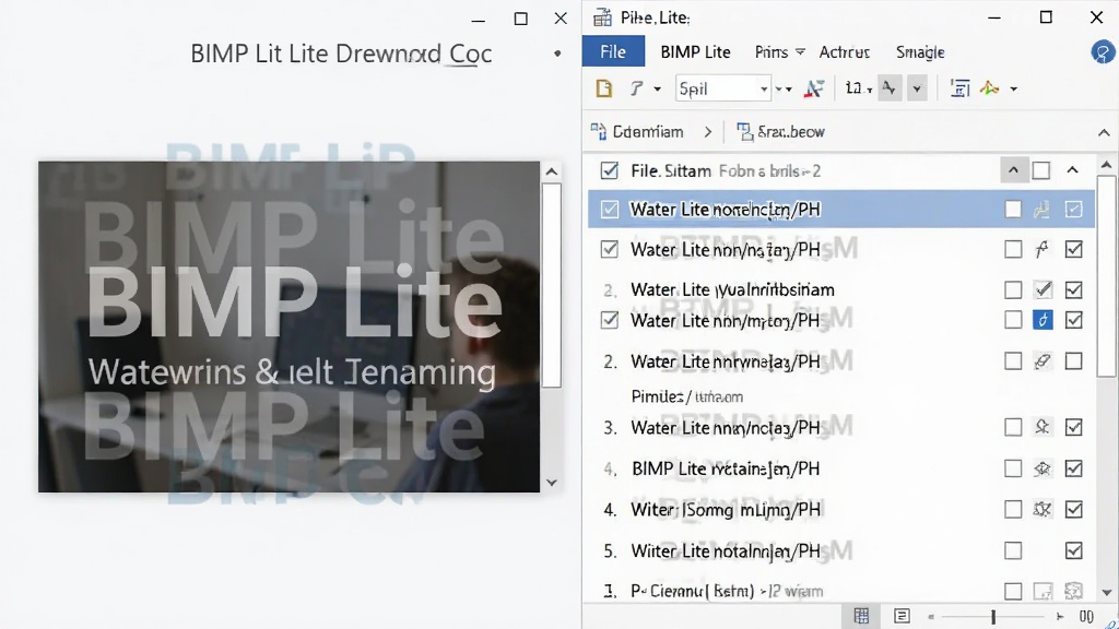 一张展示 BIMP Lite 水印与重命名功能的示意图,主体是图片上叠加半透明水印文字,布局为左侧图片缩略图显示水印效果,右侧文件名列表显示重命名规则,排版左右分栏,风格为办公软件界面风格,细节包括水印文字、文件名、复选框,画质高清,干净,无多余元素