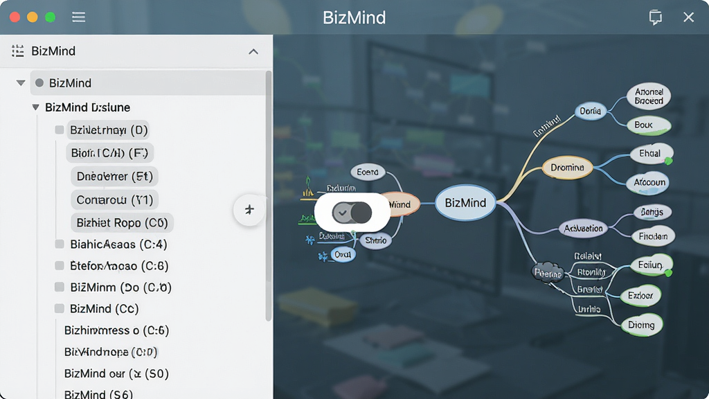 BizMind����뵼ͼ�л����棬��������Ǵ���б����Ҳ���ͬ�����ɵ�˼ά��ͼ���м����л���ť��������С�BizMind����ʶ�������ˬ���ţ�ϸ�����������ʸɾ����޶���Ԫ��