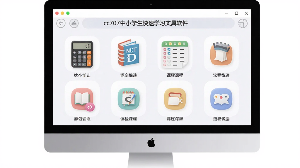 一张展示cc707中小学生快速学习工具大全软件界面的图片,主体是电脑屏幕上显示着软件主界面,界面上有各种学习工具图标如计算器、词典、课程表等,布局整齐清晰,排版为软件界面截图风格,风格简洁现代,细节包括图标设计圆润、色彩柔和,画质清晰,干净无多余元素。
