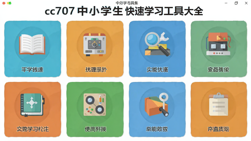一张展示cc707中小学生快速学习工具大全中多功能学习工具集成功能的图片,主体是软件界面中多个工具模块并列展示,布局为网格状排列,排版清晰,风格扁平化设计,细节包括每个工具图标下方有文字说明,画质清晰,干净无多余元素。
