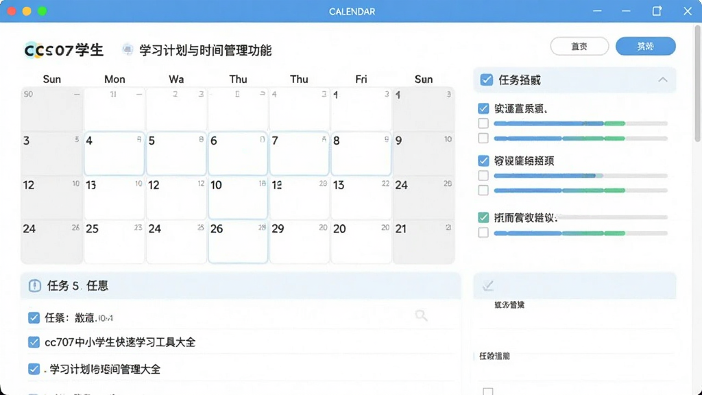 一张展示cc707中小学生快速学习工具大全学习计划与时间管理功能的图片,主体是软件界面中显示着日历视图和任务列表,布局为上方日历下方任务,排版简洁,风格清新明快,细节包括任务复选框和进度条,画质清晰,干净无多余元素。