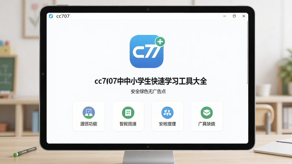 一张展示cc707中小学生快速学习工具大全安全绿色无广告特点的图片,主体是软件界面干净无广告的首页,布局为居中显示软件logo和功能入口,排版大方,风格清爽简约,细节包括界面无任何广告横幅,画质清晰,干净无多余元素。