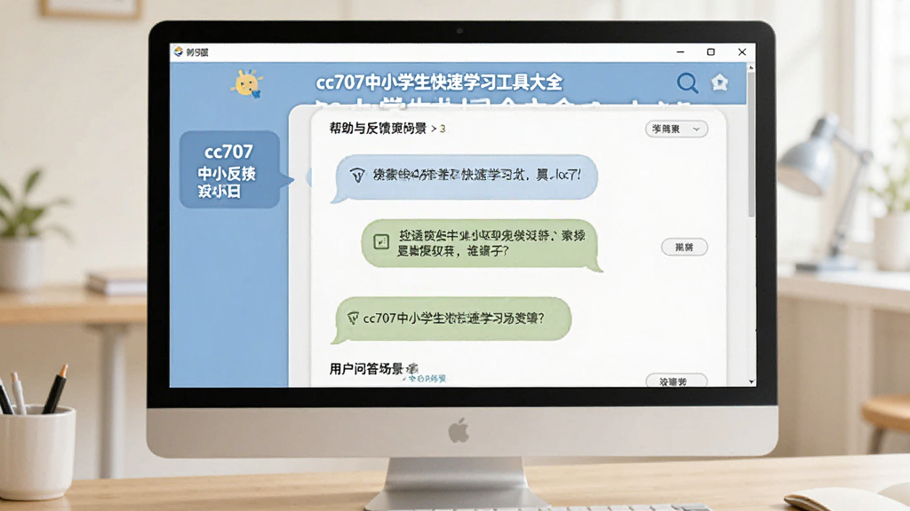 一张展示cc707中小学生快速学习工具大全用户问答场景的图片,主体是软件界面中帮助与反馈页面,布局为常见问题列表,排版清晰,风格友好亲切,细节包括问答对话气泡,画质清晰,干净无多余元素。