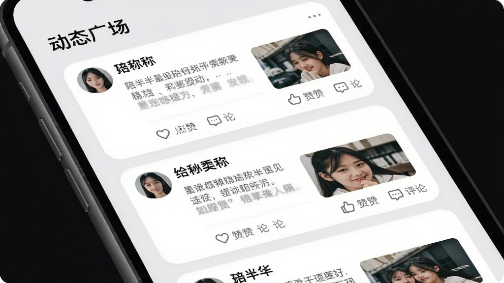 ���붯̬�㳡���棬�ֻ���Ļ��չʾ�����û���̬��Ƭ��ÿ����Ƭ�����û�ͷ���ǳơ��������ݺ���ͼ���·��е��޺�����ͼ�꣬����Ϊǳ��ɫ�������С���̬�㳡�����⣬����Ϊ�����б�������Լ�ִ���ϸ���п�ƬԲ�Ǻ���ͷָ��ߣ������������ɾ����޶���Ԫ��